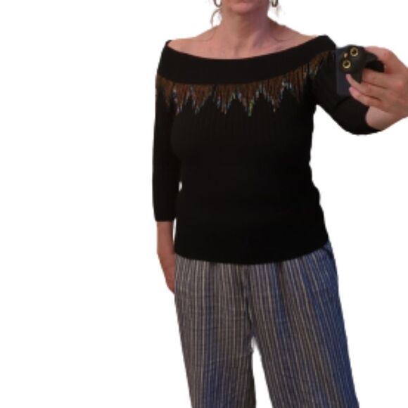 Vintage Bead Fringed Off Shoulder Sweater, SO BEAUTIFUL! - Picture 11 of 11